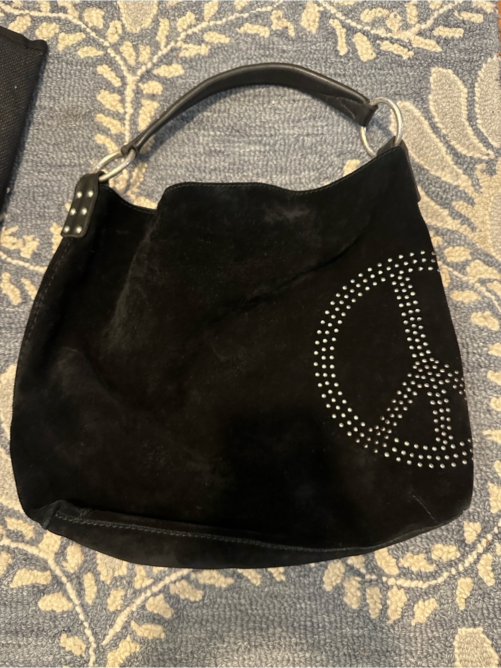 Lucky Brand Black Suede Studded Peace Sign Hobo